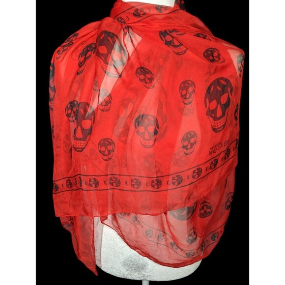 Alexander McQueen Red And Black Lightweight Skull Scarf - Picture 1 of 11